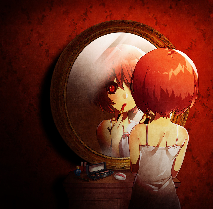 androgynous applying_makeup bare_shoulders blush brown_hair crossdressing female from_behind lips lipstick makeup mirror nightgown original ot-nm red_eyes red_hair red_lips reflection ribbon short_hair solo