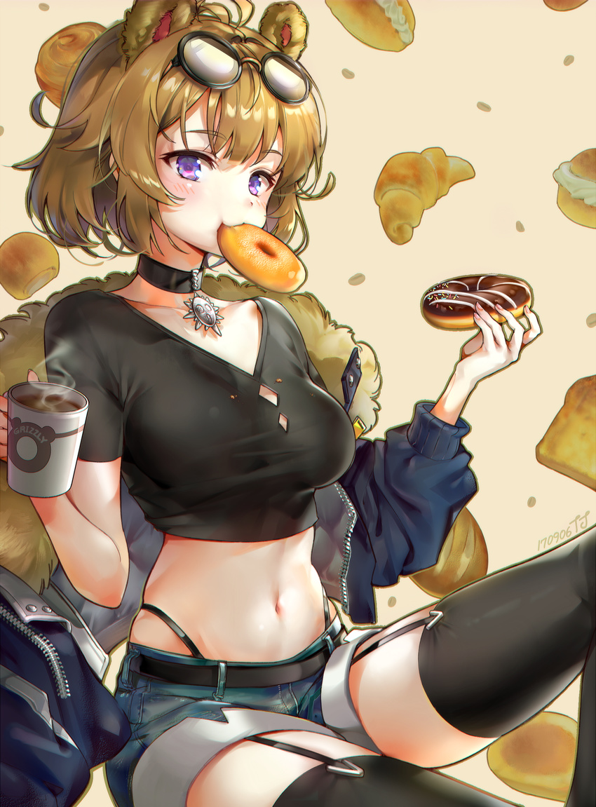 absurdres animal_ears bear_ears bear_girl black_neckwear black_shirt black_thighhighs blue_jacket blue_shorts brown_hair chocolate_doughnut commentary cup doughnut eyewear_on_head female food food_in_mouth girls'_frontline grizzly_mkv_(girls'_frontline) grizzly_mkv_(teddy_transform!)_(girls'_frontline) highres holding holding_food jacket long_hair looking_at_viewer mug official_alternate_costume purple_eyes shirt shorts sitting solo symbol-only_commentary tanjel thigh_strap thighhighs