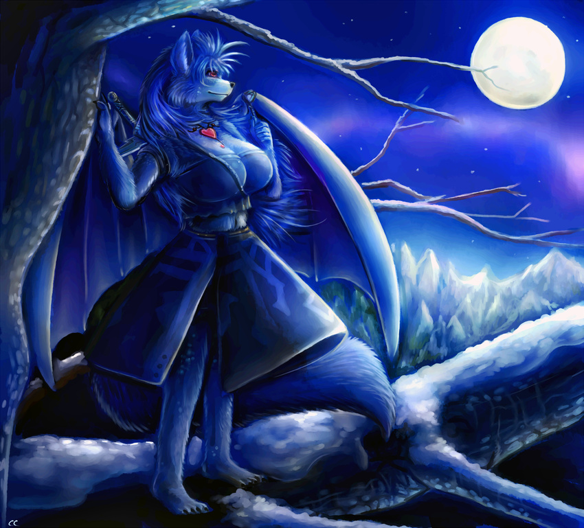 anthro barefoot big_breasts biped blue_body blue_fur blue_hair breasts canid canine canis chibity clothed clothing cool_colors detailed_background dragon dress feet female fluffy fluffy_tail fur hair hybrid jewelry mammal membrane_(anatomy) membranous_wings moon mythological_creature mythological_scalie mythology night pendant plant raya_the_wolfdragon scalie sky snow solo tail tree wings wolf