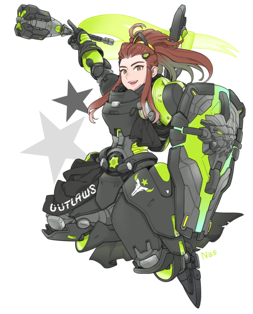 alternate_color armor armored_boots boots brigitte_(overwatch) brown_hair commentary english_commentary esports_cosmetic female flag freckles gloves hair_ornament hair_pulled_back hairclip highres houston_outlaws long_hair mace nas_(nas_3) open_mouth outlaws_brigitte overwatch overwatch_1 overwatch_league ponytail shield star_(symbol) teeth weapon white_background yellow_eyes