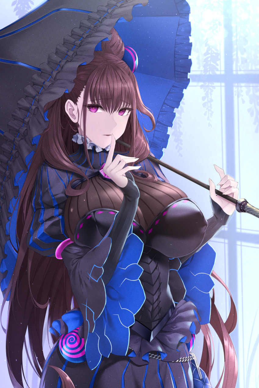 bag black_hair breasts commentary cone_hair_bun covered_nipples double_bun dress english_commentary fate/grand_order fate_(series) female frills hair_between_eyes hair_bun hair_ornament handbag highres large_breasts limeblock long_hair looking_at_viewer murasaki_shikibu_(fate) parted_lips purple_eyes sleeves_past_wrists solo umbrella very_long_hair window