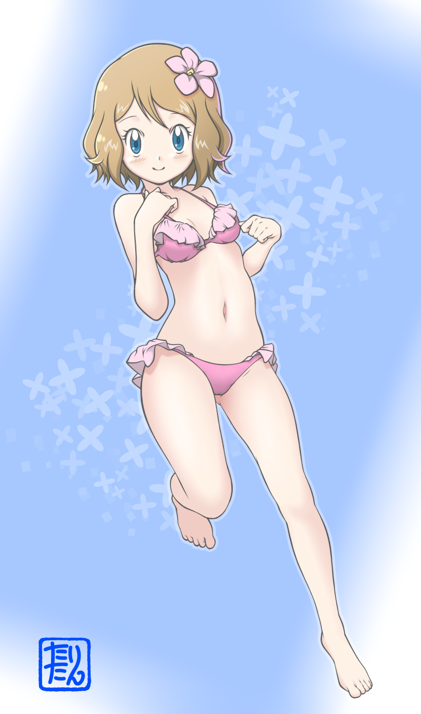 absurdres barefoot bikini blue_background blue_eyes blush breasts brown_hair cleavage commentary_request female flower full_body hair_flower hair_ornament highres leg_up looking_at_viewer navel pink_bikini pink_flower pokemon pokemon_(anime) pokemon_xy_(anime) serena_(pokemon) short_hair small_breasts smile solo swimsuit tax2rin