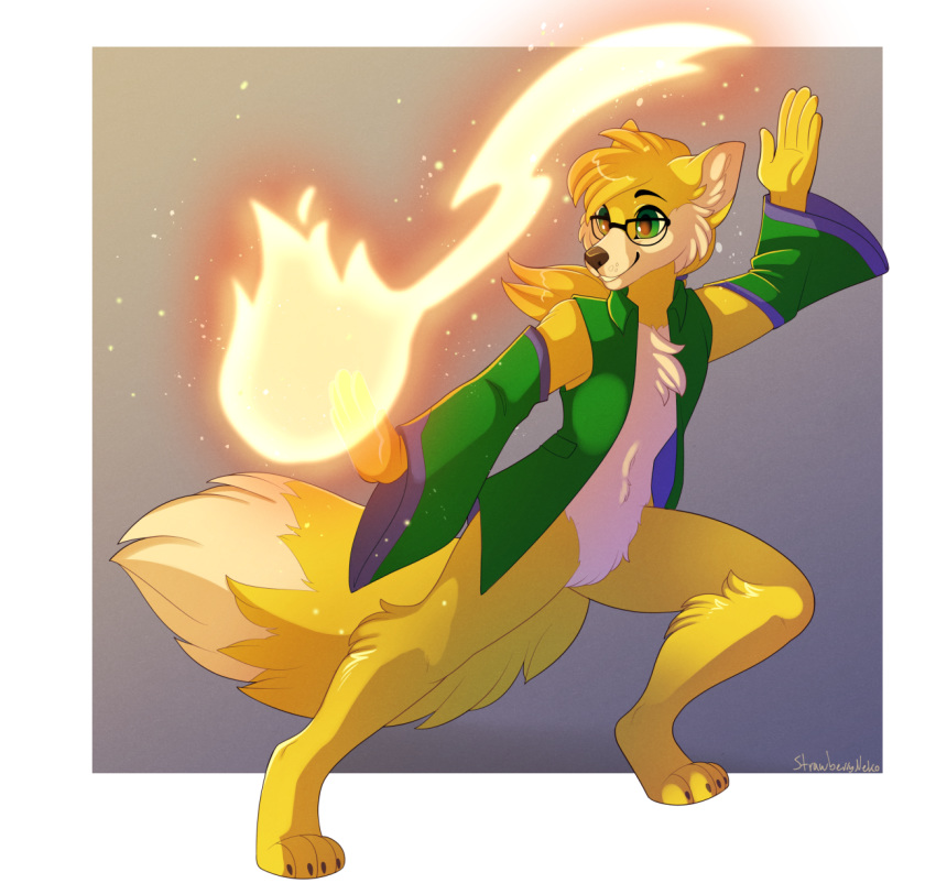 2018 anthro canid canine clothing coat digitigrade eyewear fire fox glasses hair hi_res long_hair magic magic_user male mammal miles_yellow sleeves smile solo strawberryneko topwear trenchcoat