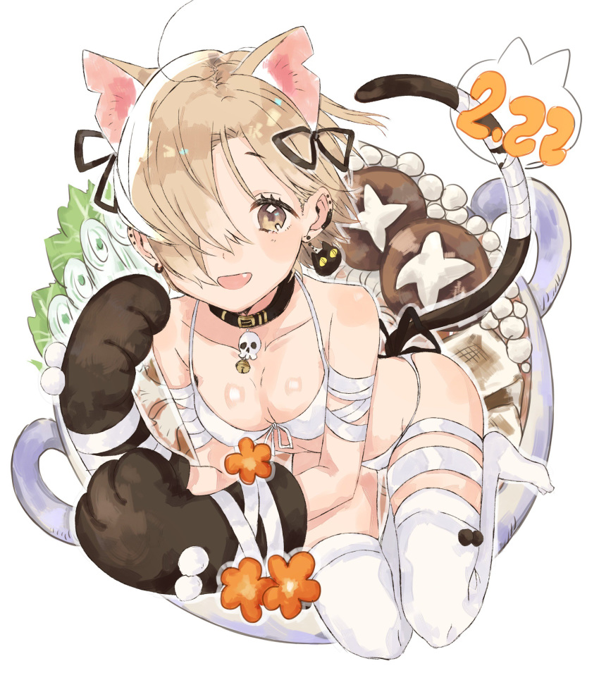 :d absurdres ahoge alternate_breast_size animal_ears animal_hands asymmetrical_hair bad_id bad_twitter_id bandaged_arm bandages bare_shoulders bell bikini black_collar breasts brown_eyes cat_day cat_earrings cat_ears cat_paws cat_tail collar commentary ear_piercing earrings female food front-tie_bikini_top front-tie_top full_body fumita_(humita322) hair_over_one_eye hair_ribbon highres idolmaster idolmaster_cinderella_girls jewelry light_brown_hair looking_at_viewer medium_breasts mismatched_eyebrows multiple_earrings mushroom nabe neck_bell necklace neko_nabe no_shoes oerba_yun_fang open_mouth piercing pom_pom_(clothes) pot ribbon shirasaka_koume short_eyebrows short_hair skull_necklace smile solo stud_earrings swimsuit tail tail_ornament tail_ribbon thighhighs tofu white_background white_bikini white_thighhighs