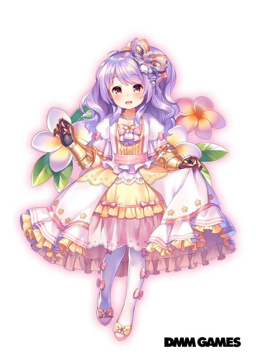 bead_necklace beads bow dress female flower flower_knight_girl footwear_bow frills full_body gauntlets hairbow highres jewelry layered_dress long_hair looking_at_viewer mask name_connection necklace object_namesake official_art pantyhose pink_bow plumeria_(flower_knight_girl) purple_hair shoes shouni_(sato3) skirt_hold smile solo standing white_pantyhose yellow_eyes