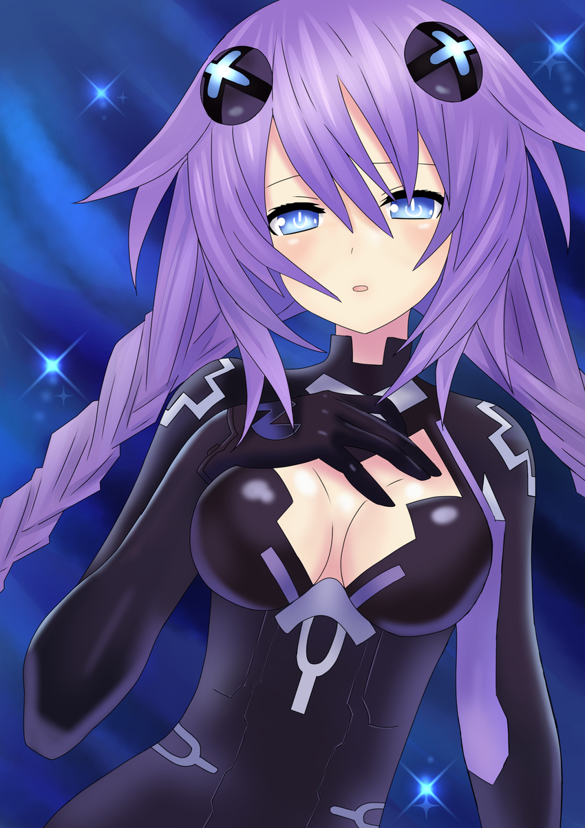 black_background blue_eyes blush braid breasts cleavage hair_ornament hand_on_own_chest highres large_breasts leotard long_hair looking_at_viewer neptune_(series) purple_hair purple_heart smile solo symbol-shaped_pupils thighhighs twin_braids very_long_hair weresdrim