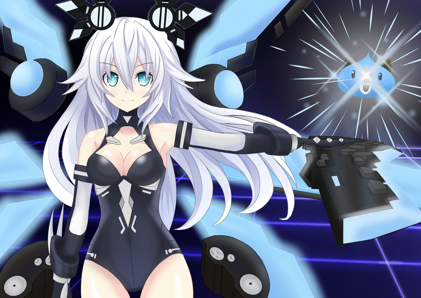 black_heart blue_eyes breasts dogoo female female leotard looking_at_viewer neptune_(series) noire smile solo weresdrim white_hair