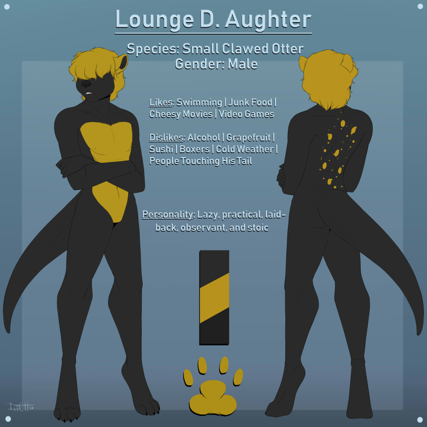 1:1 absurd_res anthro blonde_hair digital_media_(artwork) english_text featureless_crotch hair hi_res kristein lounge_d._aughter male mammal model_sheet mustelid otter plantigrade simple_background solo standing text