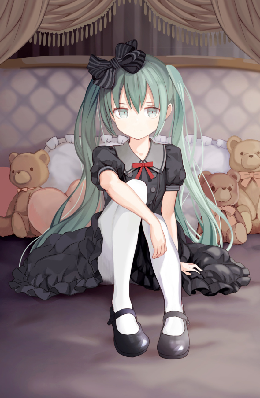 aqua_eyes aqua_hair bed black_dress black_ribbon collarbone collared_dress commentary curtains dress expressionless female frilled_dress frills full_body gothic_lolita hair_ribbon hatsune_miku highres kari_kenji knees_up lolita_fashion long_hair looking_at_viewer mary_janes neck_ribbon pantyhose photoshop_(medium) pillow red_ribbon ribbon shoes sitting solo stuffed_animal stuffed_toy teddy_bear twintails very_long_hair vocaloid white_pantyhose