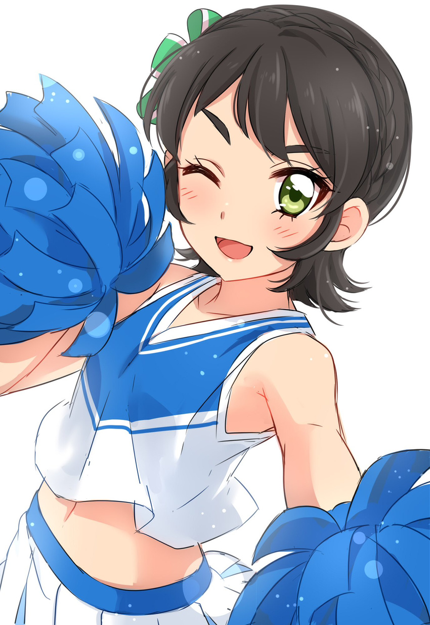 :d aikatsu! aikatsu!_(series) armpit_peek bare_shoulders black_hair blue_shirt blush breasts cheerleader commentary female green_eyes hair_ornament highres kamiya_shion looking_at_viewer midriff_peek navel one_eye_closed open_mouth pleated_skirt pom_pom_(cheerleading) sekina shirt short_hair simple_background skirt small_breasts smile solo standing v-shaped_eyebrows white_background white_skirt