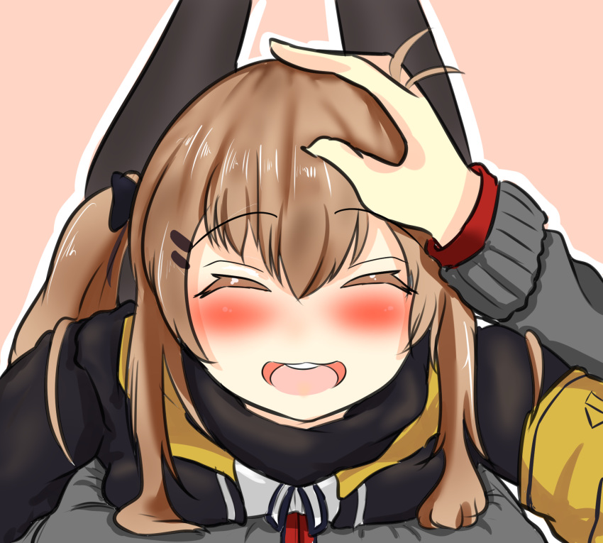 1boy abineko armband black_jacket black_ribbon blush breast_press breasts brown_hair closed_eyes collared_jacket commander_(girls'_frontline) commentary english_commentary feet_up female girls'_frontline hair_ornament hair_ribbon happy headpat highres jacket looking_at_another lying lying_on_person open_mouth pantyhose pov pov_hands red_eyes ribbon scar scar_across_eye scar_on_face shirt smile teeth tongue ump9_(girls'_frontline) white_shirt yellow_armband