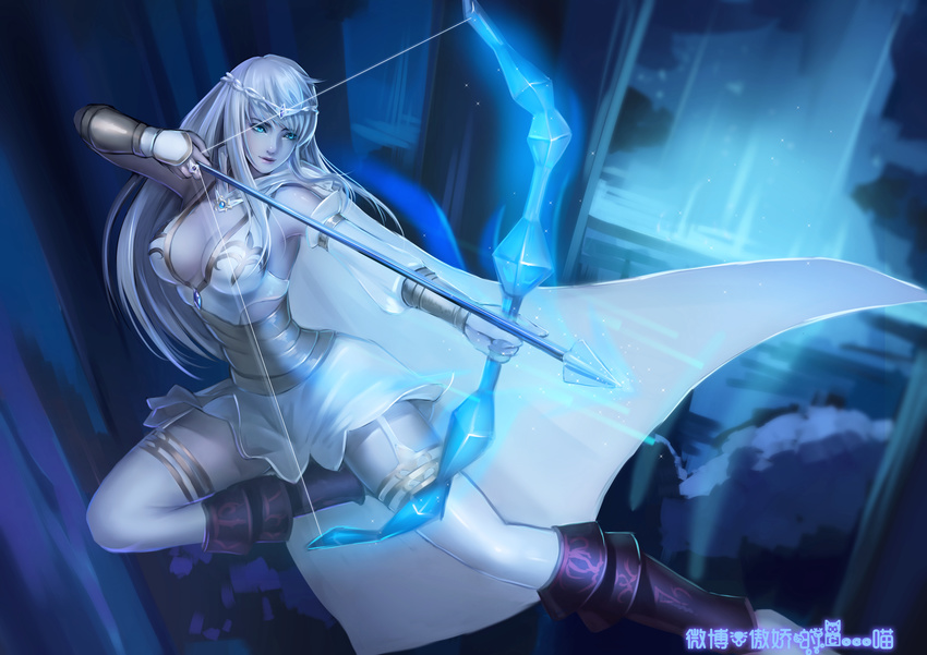 absurdres aiming arrow_(projectile) ashe_(league_of_legends) bare_shoulders blonde_hair blue_eyes boots bow_(weapon) bracelet breasts cape cleavage colored_eyelashes commentary_request destincelly detached_sleeves drawing_bow dress female freljord_ashe garter_straps highres holding holding_arrow holding_bow_(weapon) holding_weapon hood hood_down jewelry large_breasts league_of_legends long_hair outstretched_arm photoshop_(medium) ring short_dress solo thighhighs tiara weapon white_dress