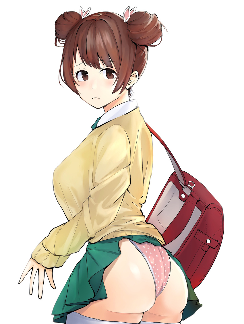 absurdres accidental_exposure ass backpack bad_id bad_pixiv_id bag breasts brown_eyes brown_hair double_bun female frown fujinoki_nene green_skirt hair_bun hajimete_no_gal highres looking_at_viewer panties polka_dot polka_dot_panties randoseru skirt skirt_caught_on_object solo standing sweater thighhighs tokai_vanilla underwear uniform white_thighhighs