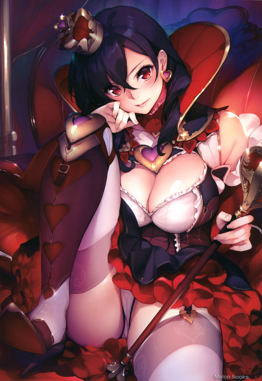 absurdres alice_in_wonderland bare_shoulders black_hair blush breasts cameltoe cleavage crown doujinshi dress earrings female garter_belt high_heels highres jewelry large_breasts leg_up lipstick looking_at_viewer makeup mini_crown panties queen_of_hearts_(alice_in_wonderland) red_eyes sasaoka_gungu scan scepter short_dress sitting solo supportasse thighhighs thighs turtleneck underwear white_panties white_thighhighs