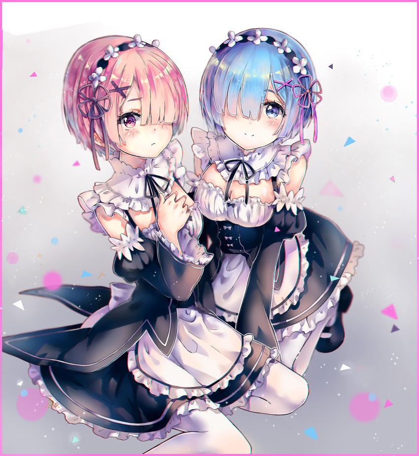 2girls apron black_footwear black_ribbon blue_eyes blue_hair blue_ribbon blush breasts cleavage commentary_request covering_breasts covering_privates detached_sleeves dress frilled_dress frilled_sleeves frills hair_ornament hair_over_one_eye hair_ribbon highres looking_at_viewer maid maid_headdress mary_janes medium_breasts multiple_girls photoshop_(medium) pink_hair pink_ribbon purple_ribbon ram_(re:zero) re:zero_kara_hajimeru_isekai_seikatsu red_eyes rem_(re:zero) ribbon ribbon_trim roswaal_mansion_maid_uniform shoes short_hair siblings sisters sitting small_breasts smile teka twins underbust white_legwear x_hair_ornament