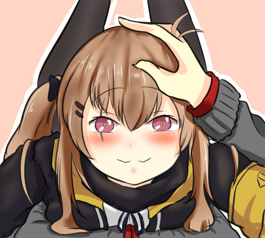 1boy :3 abineko armband black_jacket black_ribbon blush breast_press breasts brown_hair collared_jacket commander_(girls'_frontline) commentary english_commentary feet_up female girls'_frontline hair_ornament hair_ribbon happy headpat highres jacket looking_at_another lying lying_on_person pantyhose pov pov_hands red_eyes ribbon scar scar_across_eye scar_on_face shirt smile ump9_(girls'_frontline) white_shirt yellow_armband