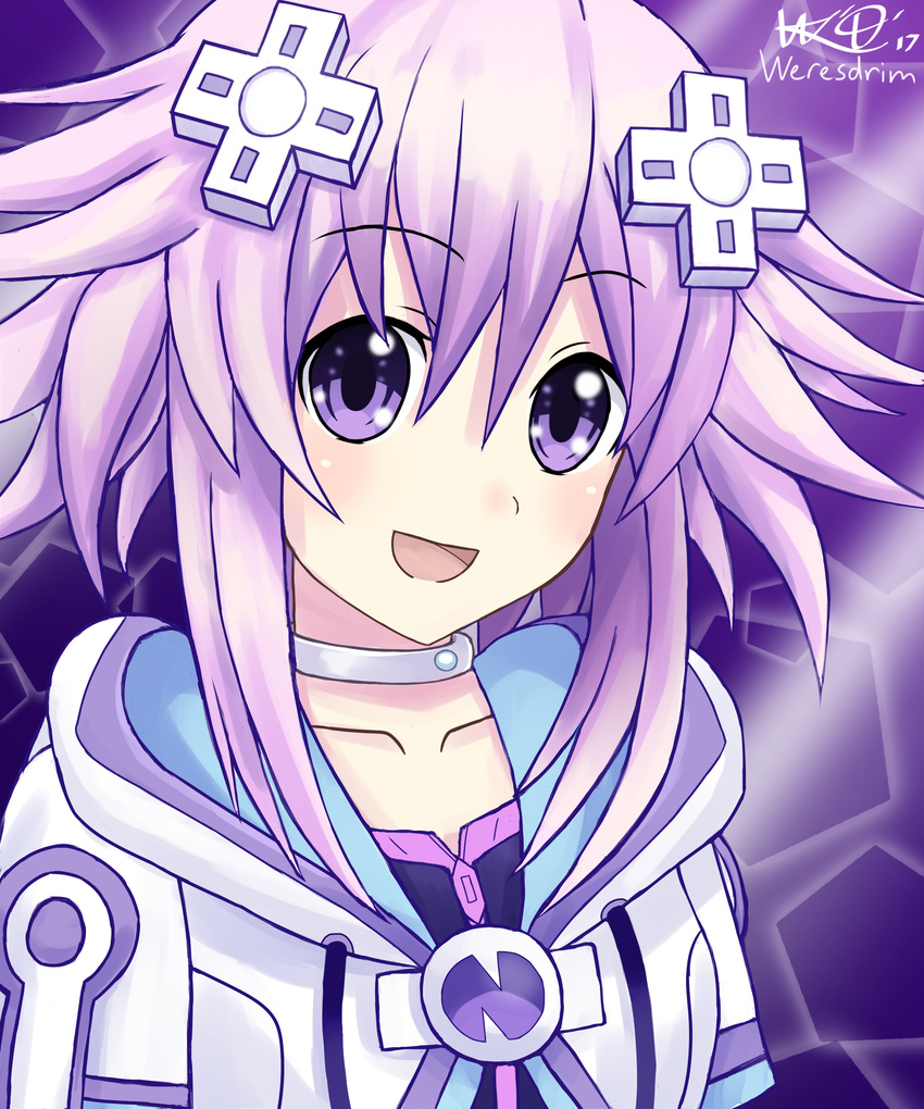 blush d-pad female highres looking_at_viewer neptune_(choujigen_game_neptune) neptune_(series) purple_eyes purple_hair short_hair smile weresdrim