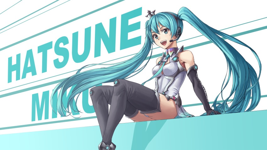 :d athenawyrm black_footwear black_gloves blue_eyes blue_hair blue_necktie boots breasts character_name cleavage commentary crown elbow_gloves female floating_hair gloves goodsmile_racing grey_hairband hair_between_eyes hairband hatsune_miku headphones headset highres leotard long_hair medium_breasts microphone mini_crown necktie open_mouth racing_miku racing_miku_(2013) showgirl_skirt sitting smile solo thigh_boots thighhighs twintails very_long_hair vocaloid white_leotard