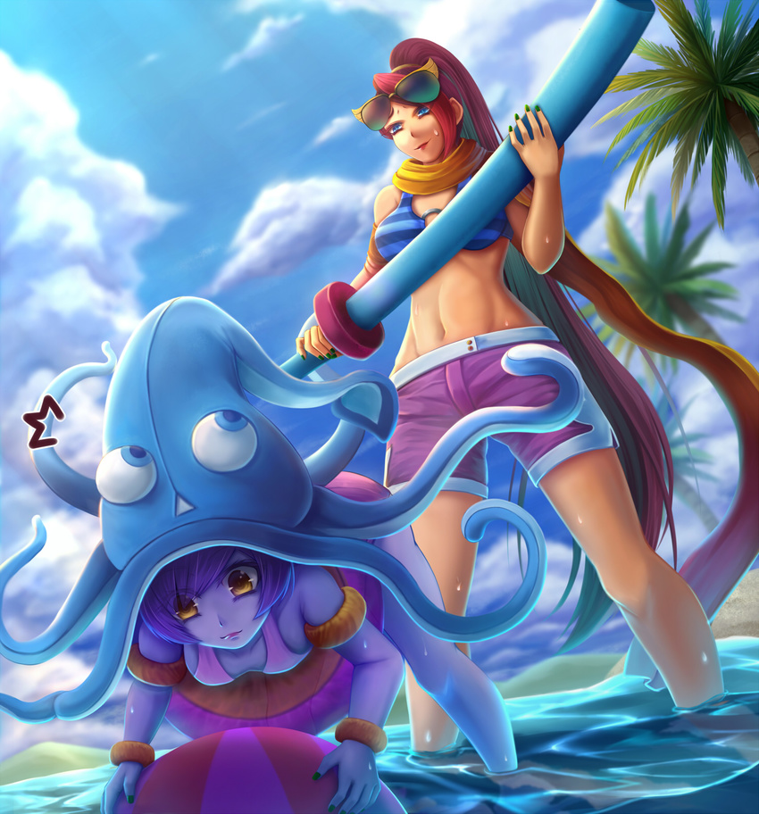 2girls alternate_costume ball beachball bikini bikini_top_only colored_skin commentary english_commentary fiora_(league_of_legends) hat highres league_of_legends long_hair lulu_(league_of_legends) midriff multiple_girls navel oldlim palm_tree pool_party_(league_of_legends) pool_party_fiora pool_party_lulu purple_skin shorts squid_hat swimsuit tree very_long_hair water yellow_eyes