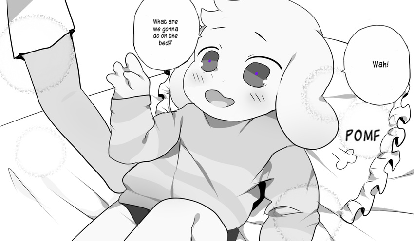 anthro asriel_dreemurr bed blush boss_monster_(undertale) bovid caprine clothed clothing conditional_dnp crybleat dialogue duo faceless_character faceless_male fur furniture lolicon long_ears male mammal meme open_mouth pillow pomf purple_eyes smile sweater text topwear tuft undertale undertale_(series) white_body white_fur young