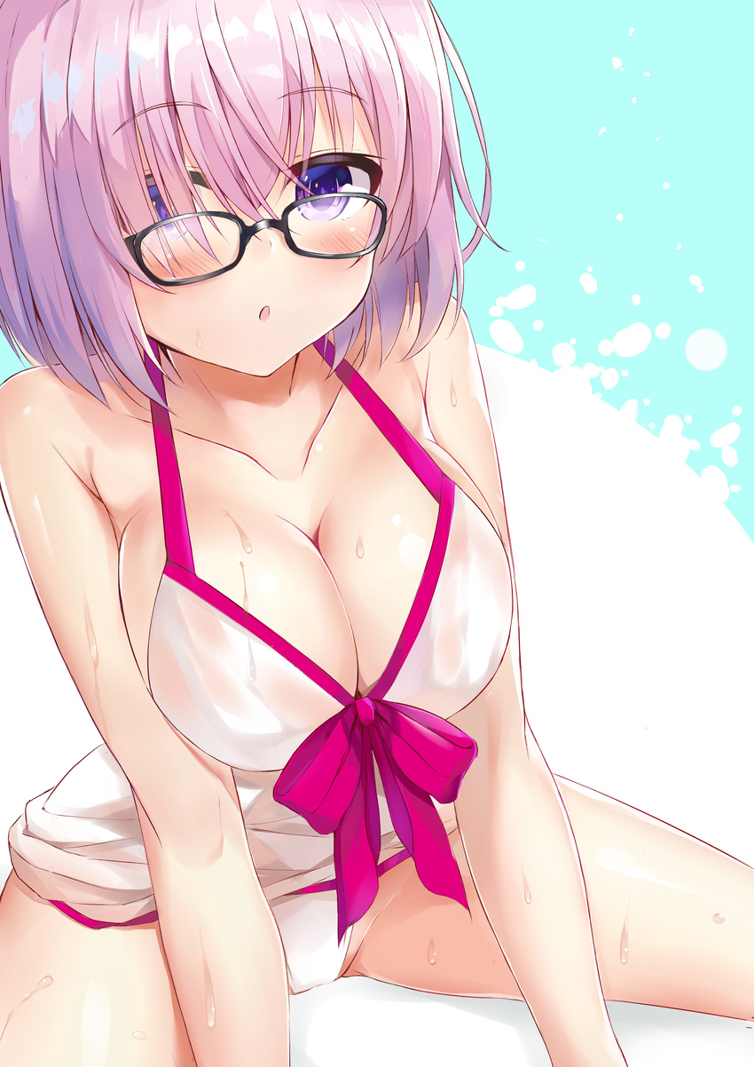 :o absurdres ass_visible_through_thighs bad_id bad_pixiv_id bikini bikini_bottom_only black-framed_eyewear blush bow breasts cleavage collarbone dombear dress dress_bow dress_swimsuit fate/grand_order fate_(series) female glasses hair_over_one_eye highres large_breasts light_purple_hair looking_at_viewer mash_kyrielight mash_kyrielight_(swimsuit_of_perpetual_summer) official_alternate_costume open_mouth partially_visible_vulva pink_bow purple_eyes see-through shiny_skin short_hair simple_background sitting solo sweatdrop swimsuit upper_body wet wet_clothes white_bikini white_dress