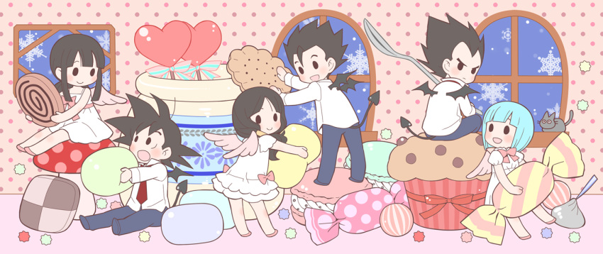 3boys 3girls :d alternate_costume angel_wings bad_id bad_pixiv_id black_eyes black_hair blue_hair blush bulma_briefs candy chi-chi_(dragon_ball) chibi chocolate cookie couple demon_tail demon_wings dragon_ball dragon_ball_z dress father_and_son feathered_wings food frown heart heart-shaped_lollipop hershey's_kisses husband_and_wife indoors jar kanekiyo_miwa lollipop looking_at_another looking_back looking_up macaron mother_and_son muffin multiple_boys multiple_girls mushroom necktie night no_pupils open_mouth photoshop_(medium) pink_wings puffy_sleeves ribbon serious shaped_lollipop shirt short_hair sitting sleeveless sleeveless_dress smile snow snowflakes son_gohan son_goku spiked_hair spoon standing straight tail twintails vegeta videl white_dress white_shirt window wings winter