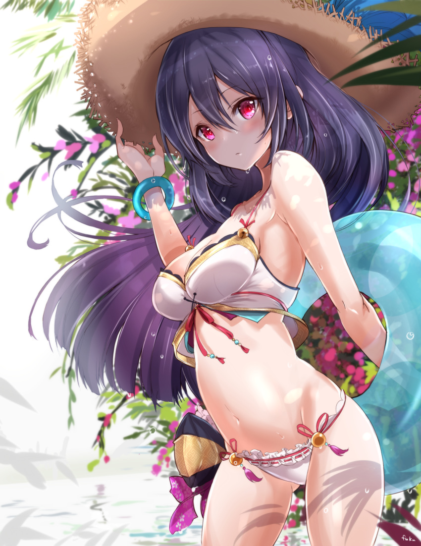 armpits artist_name ass_visible_through_thighs bangle bare_arms bare_shoulders bikini blue_hair blush bracelet breasts cleavage closed_mouth commentary_request cowboy_shot female floating_hair frills fuku_kitsune_(fuku_fox) groin hair_between_eyes hand_on_headwear hat highres innertube jewelry kasumi_(shironeko_project) leaf long_hair looking_at_viewer medium_breasts navel pink_eyes plant shironeko_project sidelocks solo standing stomach straw_hat swim_ring swimsuit thighs wet white_bikini