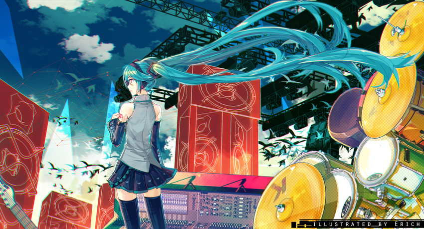 absurdly_long_hair artist_name bird black_hairband black_skirt black_thighhighs blue_hair cloud commentary_request detached_sleeves erich female floating_hair from_behind grey_shirt hair_between_eyes hair_ornament hairband hatsune_miku headphones highres long_hair miniskirt outdoors photoshop_(medium) pleated_skirt shirt skirt sleeveless sleeveless_shirt solo standing tattoo thighhighs twintails very_long_hair vocaloid zettai_ryouiki