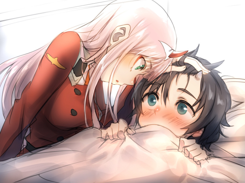 1boy bed_sheet black_hair blue_eyes blue_horns blush breasts commentary couple darling_in_the_franxx female green_eyes hair_ornament hairband herozu_(xxhrd) hiro_(darling_in_the_franxx) horns large_breasts long_hair looking_at_another lying military military_uniform necktie on_back oni_horns orange_necktie pink_hair red_horns sheet_grab straight uniform white_hairband zero_two_(darling_in_the_franxx)