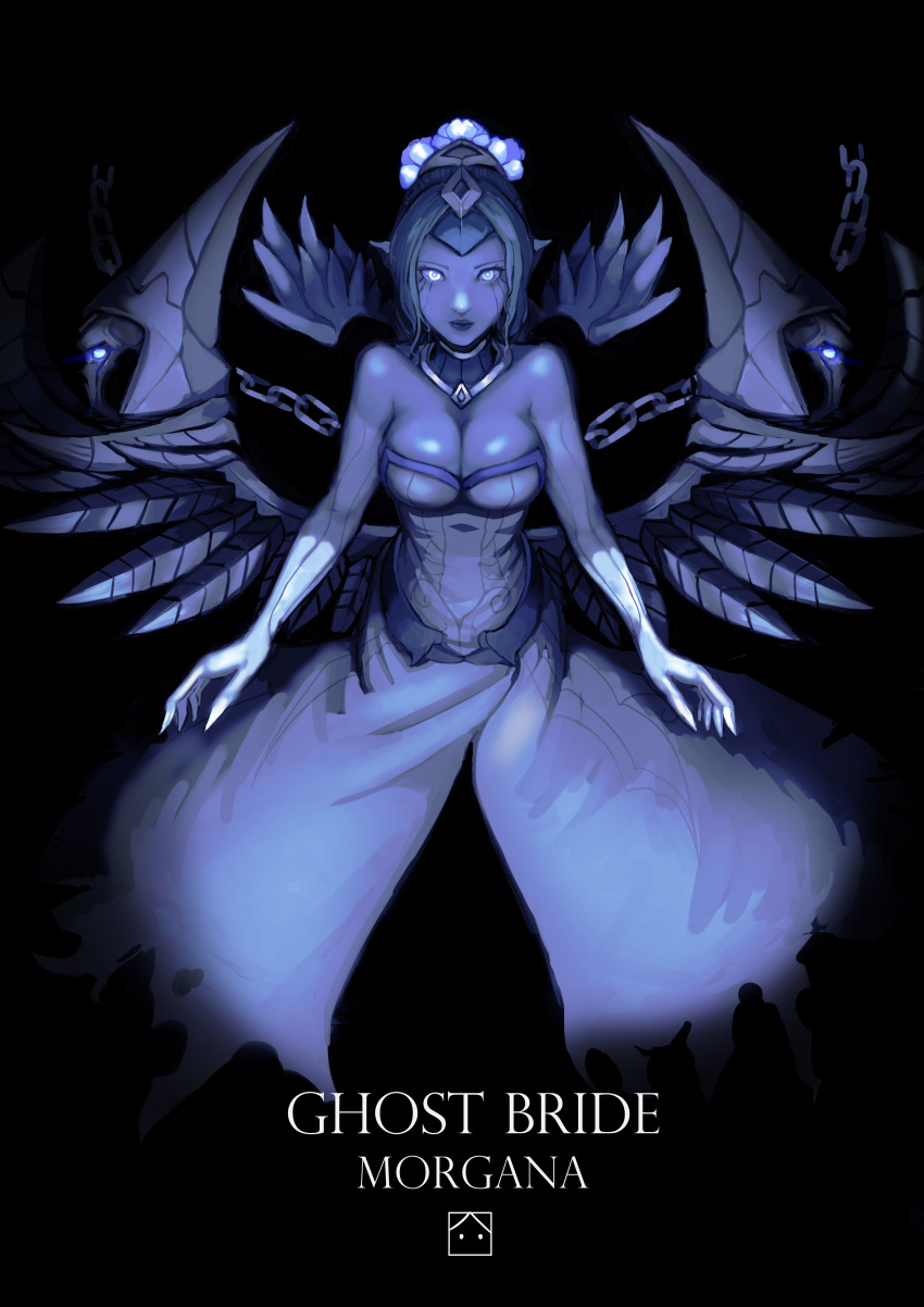 absurdres bare_shoulders blue_dress blue_eyes blue_hair blue_skin breasts bridal_veil circlet cleavage dress earrings female flower ghost_bride_morgana hair_flower hair_ornament highres jewelry large_breasts league_of_legends morgana morgana_(league_of_legends) pointy_ears shiny shiny_skin solo strapless strapless_dress veil