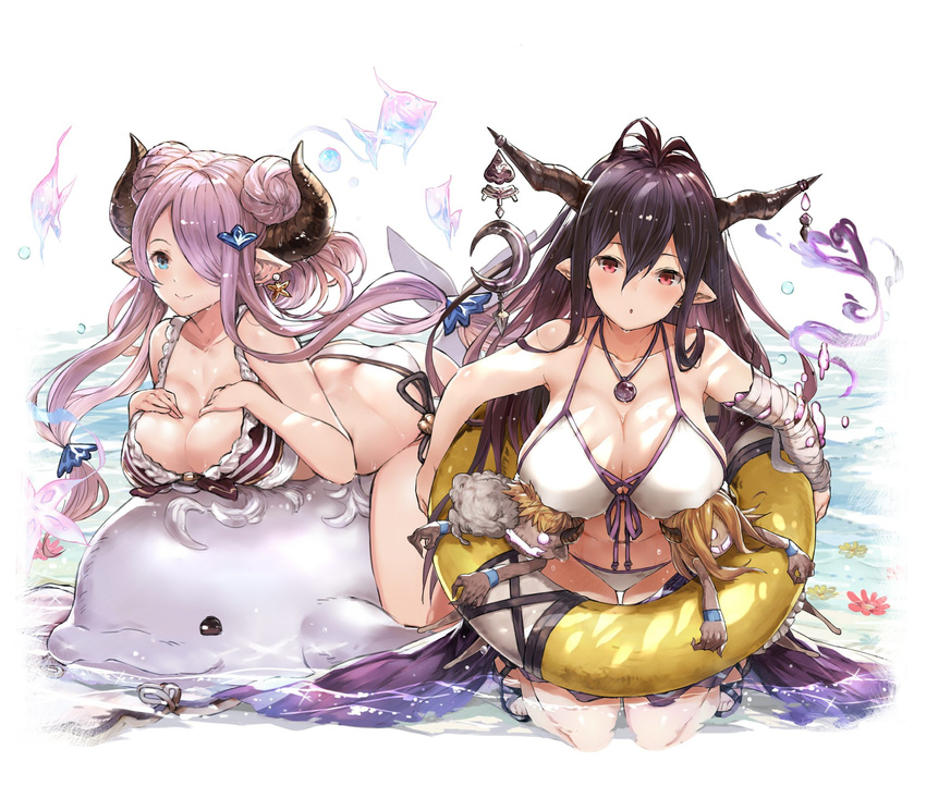 2girls :o antenna_hair ass bandages bare_shoulders bikini black_hair blue_eyes breasts cleavage collarbone commentary_request danua danua_(summer)_(granblue_fantasy) doll draph earrings flower front-tie_bikini_top front-tie_top granblue_fantasy hair_between_eyes hair_ornament hair_over_one_eye highres horn_ornament horns innertube jewelry kneeling large_breasts leaning_forward light_purple_hair long_hair looking_at_viewer lying multiple_girls narmaya_(granblue_fantasy) narmaya_(summer)_(granblue_fantasy) navel necklace official_alternate_costume on_stomach open_mouth partially_submerged pointy_ears red_eyes sandals smile swim_ring swimsuit tokopi water white_bikini