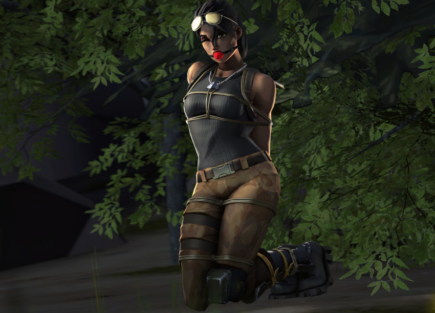 1girls 3d ball_gag bare_shoulders belt bondage boots breasts brown_eyes brown_hair female female_only fortnite gag gagged human kneeling long_hair outdoors pants ponytail ramirez_(fortnite) rope shirt small_breasts solo sunglasses sunglasses_on_head tagme