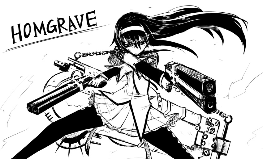 akemi_homura akemi_homura_(magical_girl) chains commentary_request dual_wielding female greyscale gun gungrave hairband handgun holding kurakumo_nue long_hair magical_girl mahou_shoujo_madoka_magica mahou_shoujo_madoka_magica_(anime) monochrome pantyhose parody solo weapon