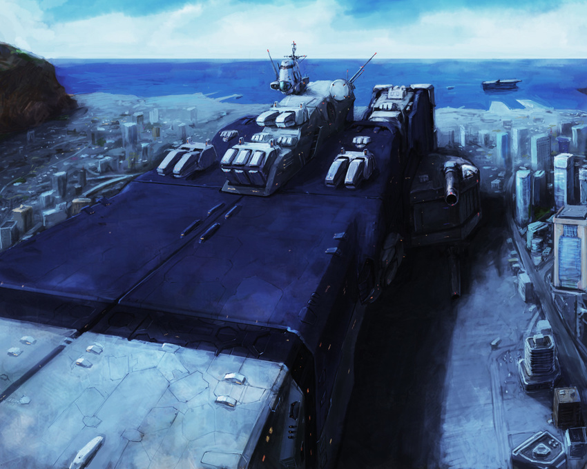 building choujikuu_yousai_macross city cloud macross mecha no_humans ocean outdoors photoshop_(medium) realistic robot science_fiction sdf-1 ship spacecraft watercraft yutori_(clockwork_chicken)