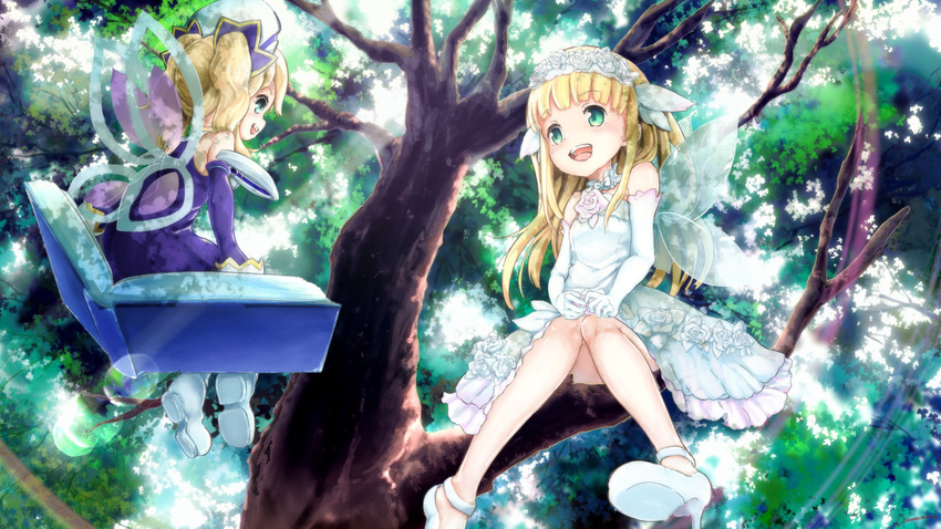 akisame_minori bad_link blonde_hair blue_eyes blush book bouquet_(neptunia) dress fairy_wings four_goddesses_online:_cyber_dimension_neptune green_eyes hair_ornament hat histoire long_hair multiple_girls neptune_(series) open_mouth smile twintails white_dress wings