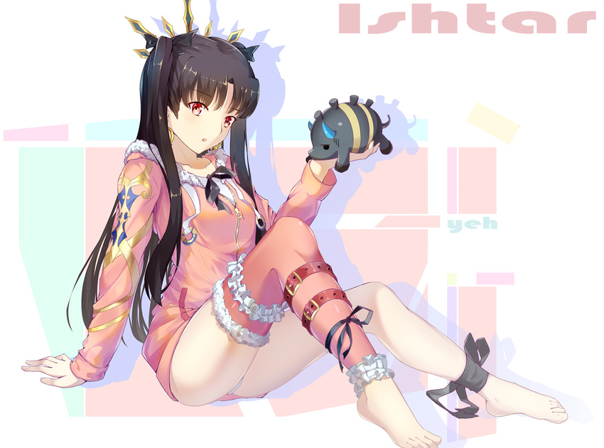 :o ankle_garter ankle_ribbon arm_at_side barefoot black_hair black_ribbon blush bridal_garter buckle character_name commentary_request drawing earrings fate/grand_order fate_(series) female frills full_body fur_collar fur_trim gugalanna highres holding hoop_earrings ishtar_(fate) ishtar_(swimsuit_rider)_(fate) jacket jewelry knees_up leg_ribbon long_hair long_legs long_sleeves looking_at_viewer multicolored_background no_pants open_mouth panties parted_lips pink_jacket pink_thighhighs red_eyes ribbon shadow single_thighhigh sitting solo stuffed_animal stuffed_pig stuffed_toy thighhighs tiara twintails underwear white_panties yeh_(354162698)