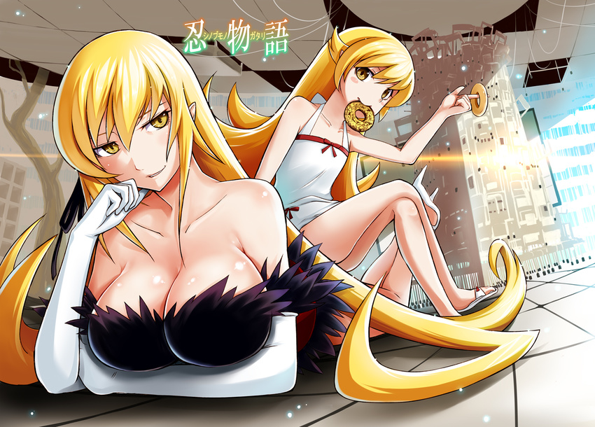 2girls bakemonogatari bare_shoulders blonde_hair breasts cleavage collarbone commentary_request copyright_name crossed_legs doughnut dress dual_persona elbow_gloves food gloves head_rest kiss-shot_acerola-orion_heart-under-blade long_hair long_legs looking_at_viewer lying mister_donut monogatari_(series) mouth_hold multiple_girls on_stomach oshino_shinobu photoshop_(medium) sandals sitting yellow_eyes yuki_mizore