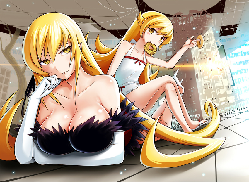 2girls bakemonogatari bare_shoulders blonde_hair breasts cleavage collarbone commentary_request crossed_legs doughnut dress dual_persona elbow_gloves food gloves head_rest kiss-shot_acerola-orion_heart-under-blade large_breasts long_hair long_legs looking_at_viewer lying monogatari_(series) mouth_hold multiple_girls on_stomach oshino_shinobu revision sandals sitting the_pose yellow_eyes yuki_mizore