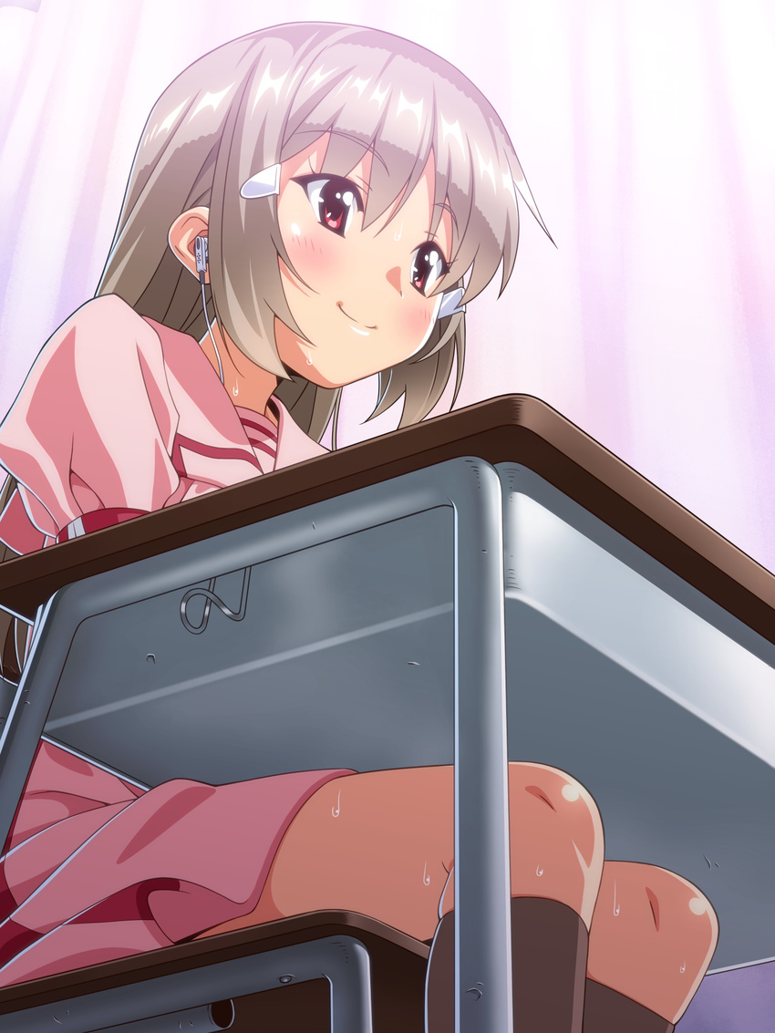 blush brown_hair censored earphones futanari highres kuga_hajime_(world_lover) long_hair red_eyes school_desk sweat under_the_table world_lover