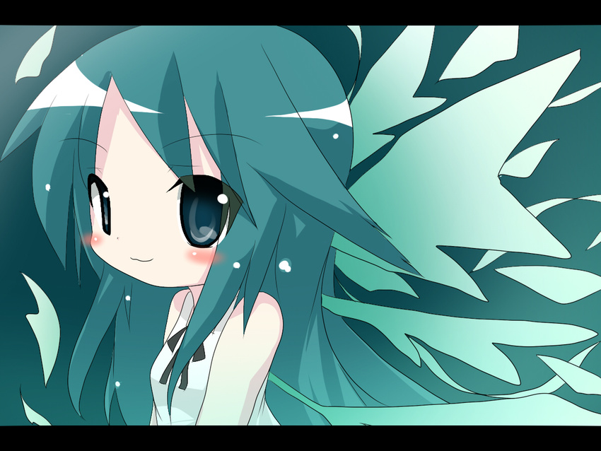 aqua_eyes bad_id bad_pixiv_id blush chibi dress female green_hair letterboxed long_hair rensei ribbon saya_(saya_no_uta) saya_no_uta smile solo sundress very_long_hair wings