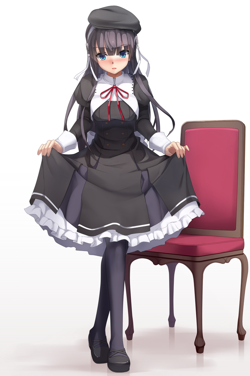 beret black_hair black_pantyhose blue_eyes breasts chair commentary_request curtsey dress eiyuu_densetsu elise_schwarzer eto_(ikumika) female hat highres long_hair looking_at_viewer md5_mismatch medium_breasts pantyhose school_uniform sen_no_kiseki simple_background skirt_hold solo st._astraia's_school_uniform white_background