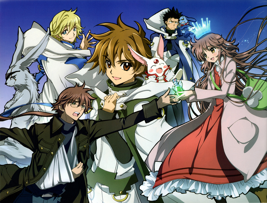 4boys absurdres anger_vein animal_ears annoyed arm_sling bag belt black_hair blonde_hair blue_eyes blush bottle broken_arm brown_hair cape casual closed_eyes coat crossed_arms crossover crown dress eyepatch fai_d._flowright female fujimoto_kiyokazu ginsei glasses green_eyes hanato_kobato happy_tears highres imageboard_desourced inada_tetsu ioryogi jacket kobato. kurogane_(tsubasa_chronicle) long_hair looking_back mokona multiple_boys namikawa_daisuke non-web_source open_mouth photoshop_(medium) ponytail rabbit_ears reaching scar short_hair smile spoilers stuffed_animal stuffed_dog stuffed_toy tears teeth tsubasa_chronicle very_long_hair voice_actor_connection xiaolang yellow_eyes