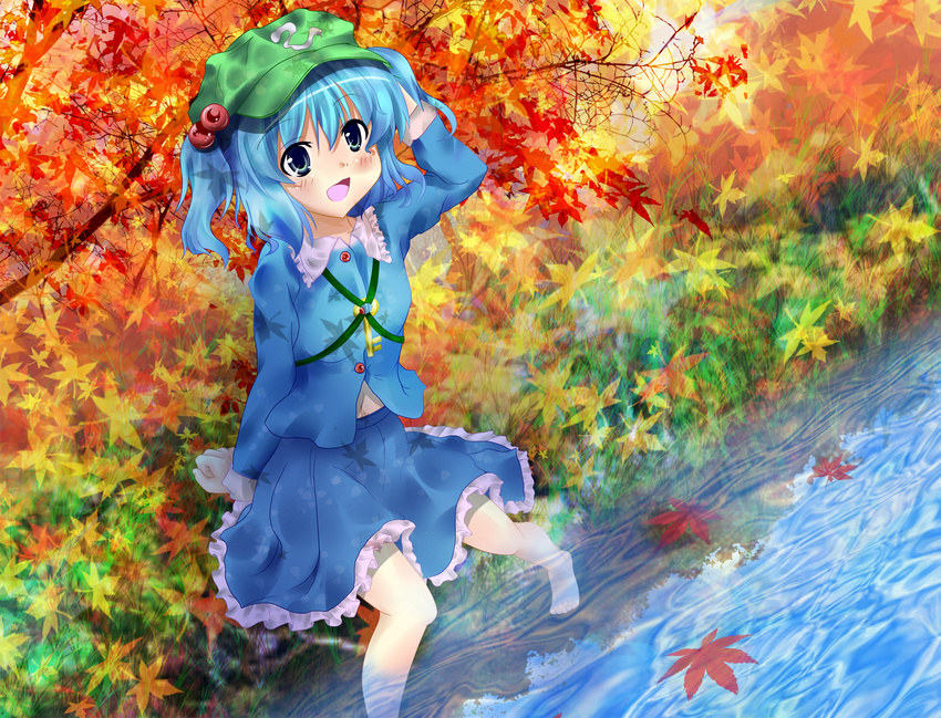 bad_id bad_pixiv_id barefoot blue_eyes blue_hair female hair_bobbles hair_ornament hat highres kawashiro_nitori key leaf maisaki_miyabi maple_leaf navel sitting soaking_feet solo touhou twintails two_side_up water