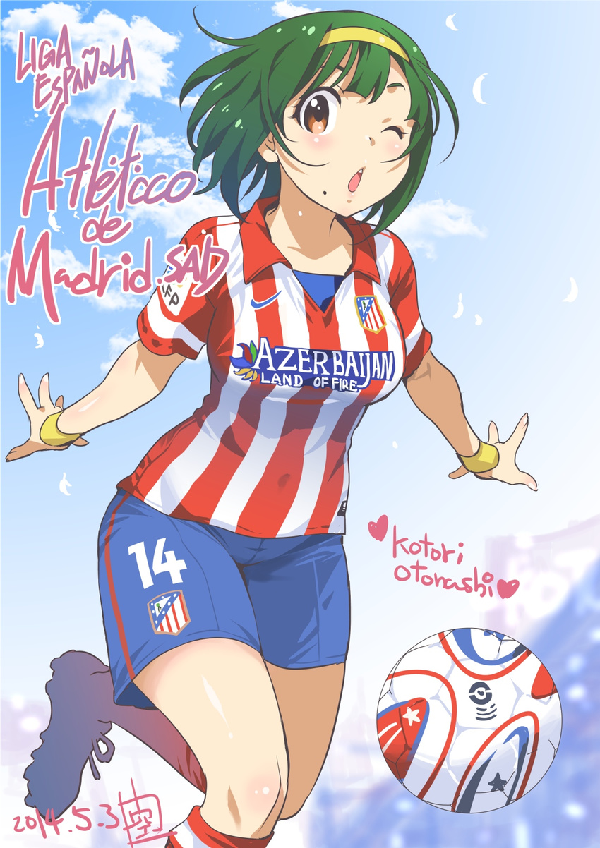 ball blue_shorts blush breasts brown_eyes character_name club_atletico_de_madrid dated female gabi green_hair hairband highres idolmaster idolmaster_(classic) inoue_sora jersey la_liga looking_at_viewer medium_breasts mole mole_under_mouth nike_(company) one_eye_closed open_mouth otonashi_kotori short_hair shorts signature soccer soccer_ball soccer_uniform solo spain sportswear yellow_hairband