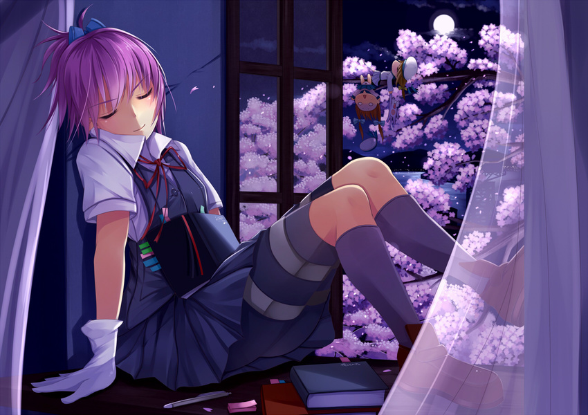 bike_shorts book cherry_blossoms error_musume_(kancolle) fairy_(kancolle) gloves kantai_collection kneehighs moon night pink_hair ponytail ribbons seifuku shiranui_(kancolle) shorts skirt sleeping suohachi tree