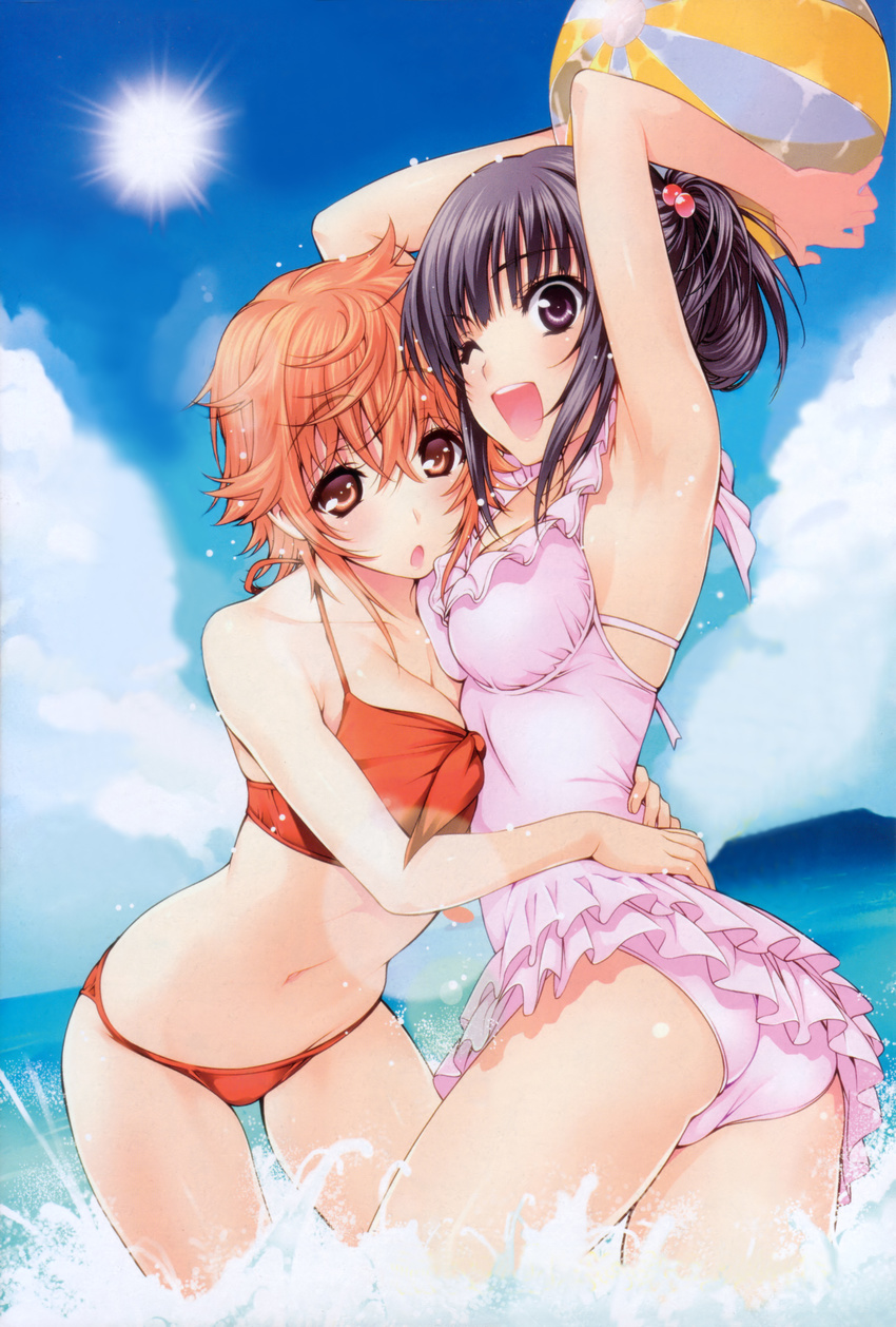 2girls :o ;d absurdres armpits arms_up ass ball beachball bikini black_hair breasts brown_eyes brown_hair casual_one-piece_swimsuit cleavage cloud cover_image day frilled_one-piece_swimsuit frills hair_bobbles hair_ornament highres hug koisome_momiji lens_flare medium_breasts miura_tadahiro multiple_girls nanasato_yui navel ocean one-piece_swimsuit one_eye_closed open_mouth outdoors pink_one-piece_swimsuit ponytail purple_eyes red_bikini scan shinomiya_sana shiny_skin sky smile sun swimsuit wading water