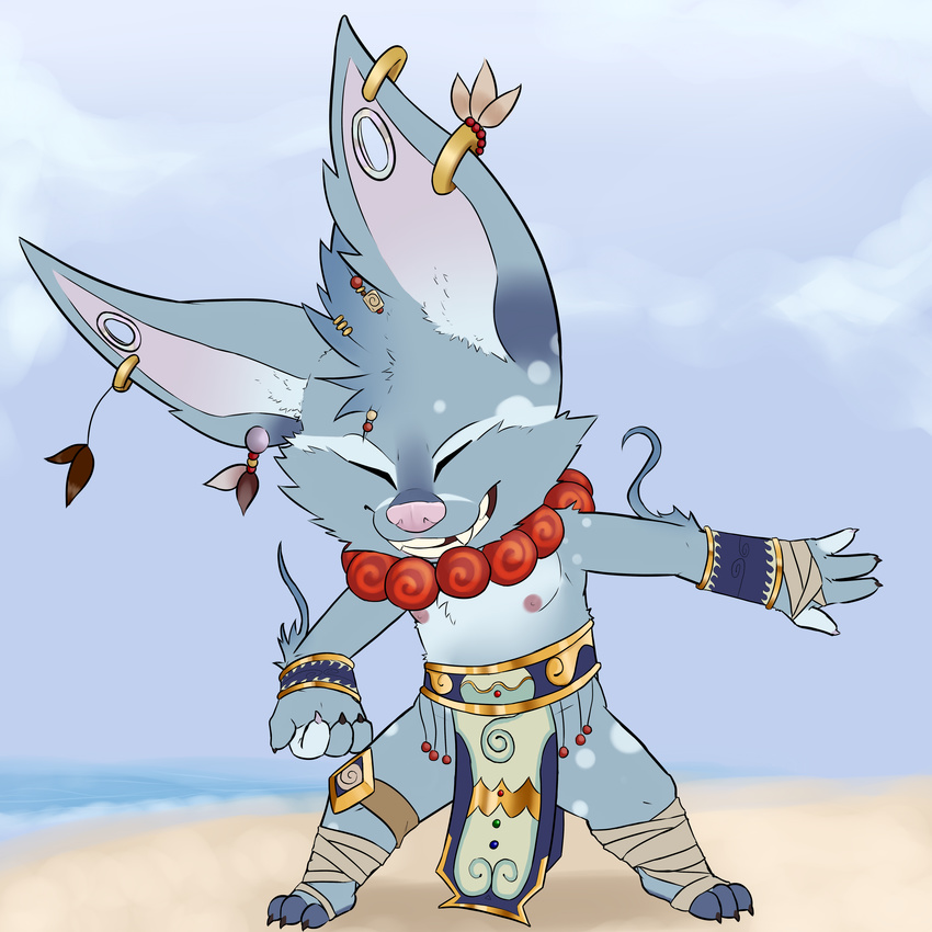 1:1 2016 3_toes 4_fingers absurd_res anthro beach big_head black_claws blue_body blue_fur claws closed_eyes clothed clothing cloud colored day detailed_background ear_piercing fan_character feet fingers full-length_portrait fur furfit grey_body grey_fur hi_res jewelry league_of_legends male mammal mohawk necklace nipples outside piercing pink_nipples pink_nose plantigrade portrait pose rin_(mightymightyena) riot_games sand sea seaside sky smile solo tencent toes topless water yordle