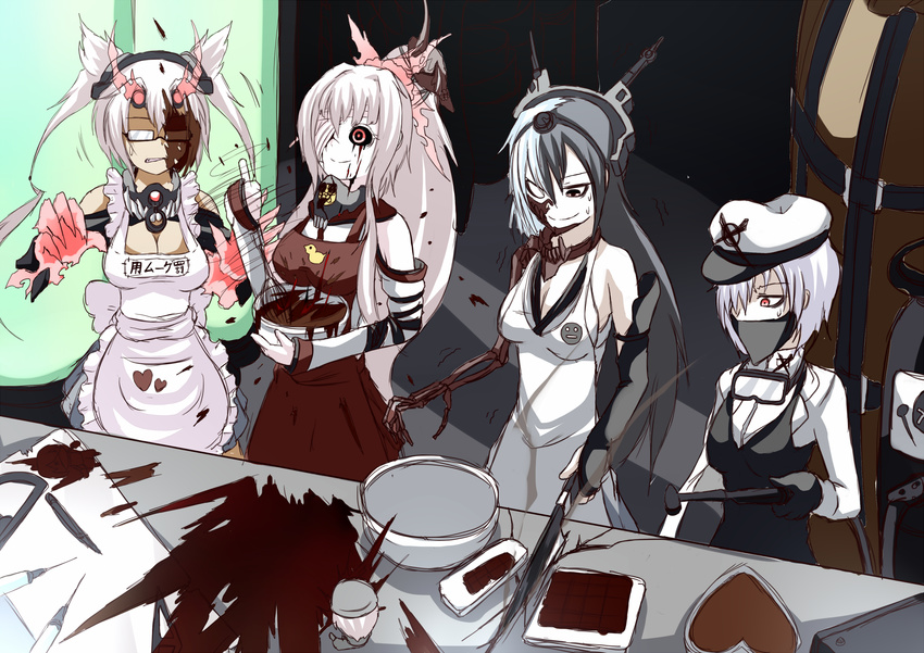 4girls abyssal_ship apron bare_shoulders black_hair breasts chocolate commentary_request cooking cyborg dark_persona elbow_gloves female_abyssal_admiral_(kancolle) female_admiral_(kancolle) glasses gloves hat headgear highres kantai_collection long_hair maid_apron medium_breasts multicolored_hair multiple_girls musashi_(kancolle) nagato_(kancolle) ogawa_shou ponytail twintails two-tone_hair valentine yamato_(kancolle)