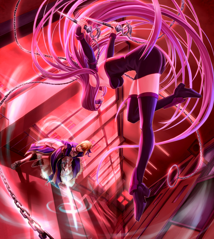 2girls armor armored_dress artoria_pendragon_(fate) bare_shoulders battle black_thighhighs blindfold boots chains commentary_request dress duel excalibur_(fate/stay_night) fate/stay_night fate_(series) highres invisible_air_(fate) kuroppu_66 legs long_hair medusa_(fate) medusa_(rider)_(fate) multiple_girls photoshop_(medium) saber_(fate) school somersault strapless strapless_dress sword thigh_boots thighhighs very_long_hair weapon zettai_ryouiki