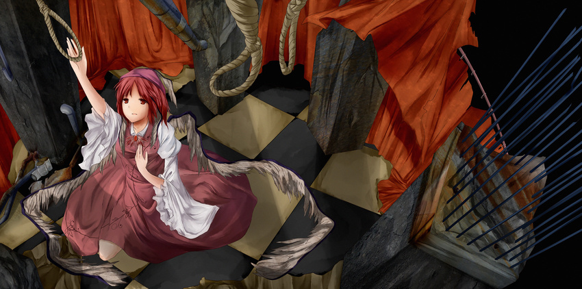 adapted_costume checkered commentary_request curtains dress female from_above hat highres looking_up metalwasabi mystia_lorelei noose photoshop_(medium) red_eyes red_hair rope sad short_hair sitting solo touhou wide_sleeves wings